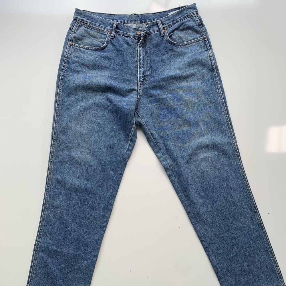 VINTAGE Wrangler 38x34 Blue Jeans Old School Quality Denim Stone Wash Work